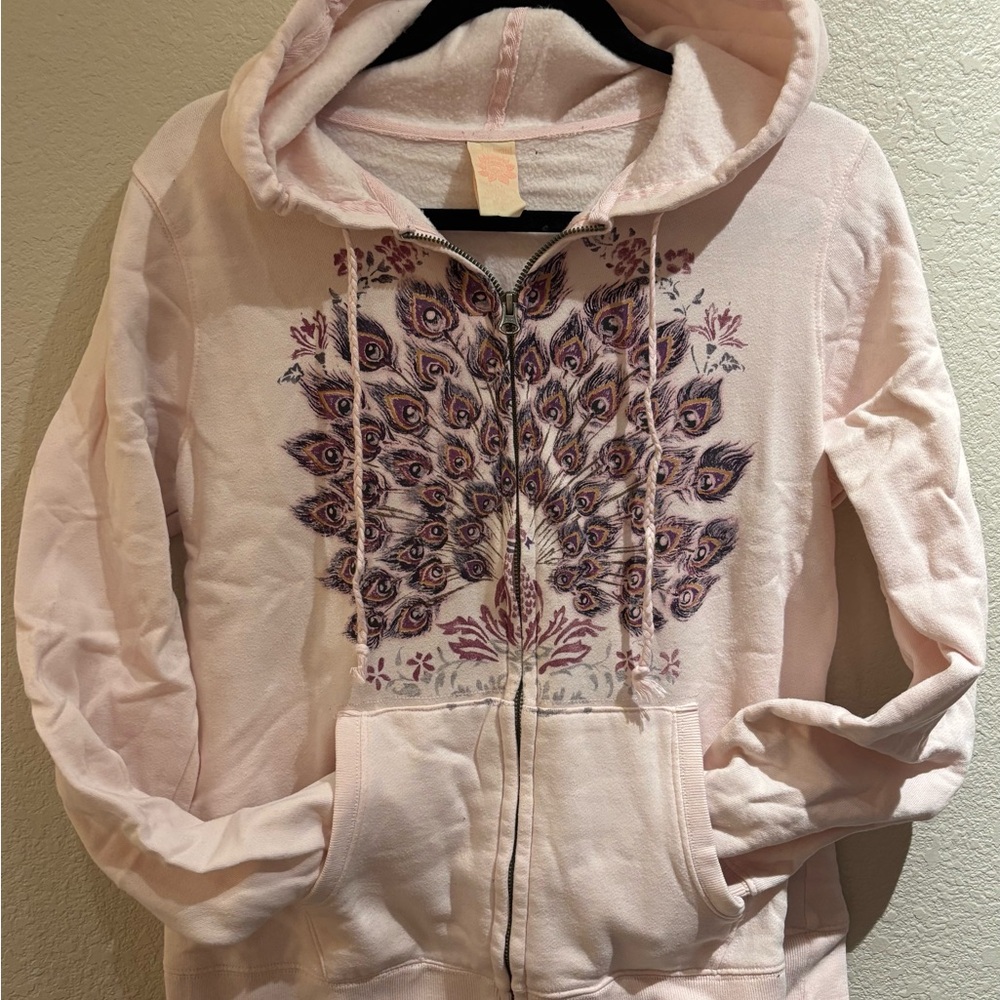 Lucky Brand Light Pink Hooded Jacket with Peacock Design